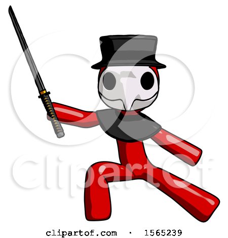 Red Plague Doctor Man with Ninja Sword Katana in Defense Pose by Leo Blanchette