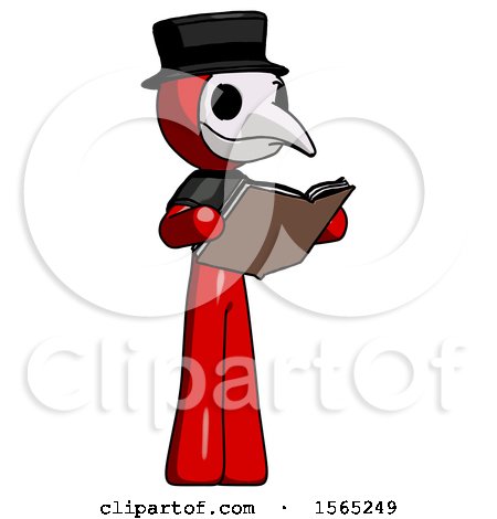 Red Plague Doctor Man Reading Book While Standing up Facing Away by Leo Blanchette