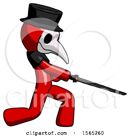 Red Plague Doctor Man with Ninja Sword Katana Slicing or Striking Something by Leo Blanchette