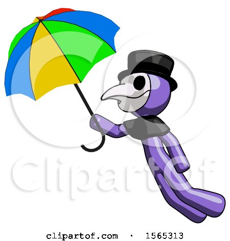 Purple Plague Doctor Man Flying with Rainbow Colored Umbrella by Leo Blanchette