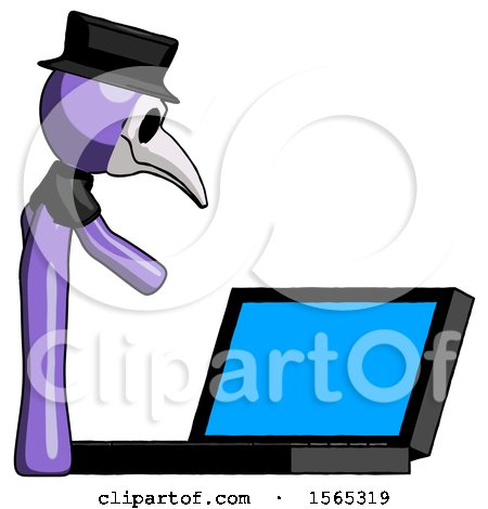Purple Plague Doctor Man Using Large Laptop Computer Side Orthographic View by Leo Blanchette