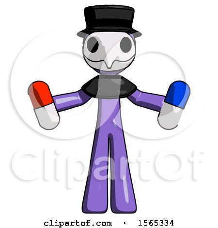 Purple Plague Doctor Man Holding a Red Pill and Blue Pill by Leo Blanchette