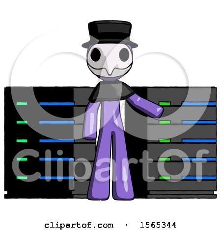 Purple Plague Doctor Man with Server Racks, in Front of Two Networked Systems by Leo Blanchette