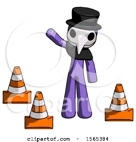 Purple Plague Doctor Man Standing by Traffic Cones Waving by Leo Blanchette