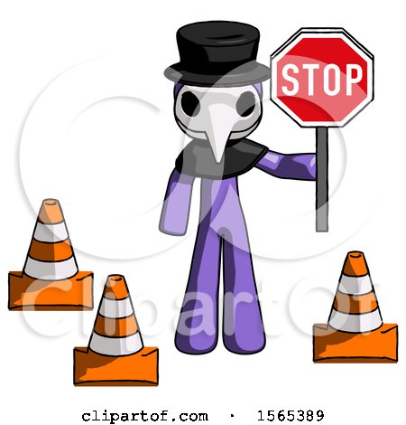 Purple Plague Doctor Man Holding Stop Sign by Traffic Cones Under Construction Concept by Leo Blanchette