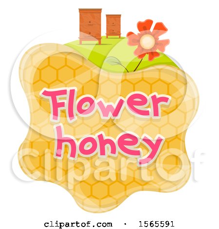 Clipart of a Honeycomb with Bee Houses and Flower Honey Text - Royalty Free Vector Illustration by Vector Tradition SM