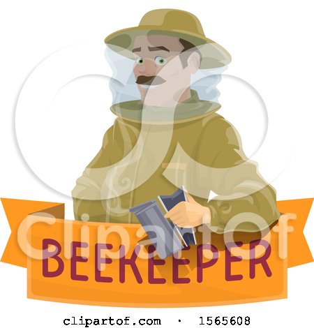 Clipart of a Beekeeper Holding a Smoker over a Banner - Royalty Free Vector Illustration by Vector Tradition SM