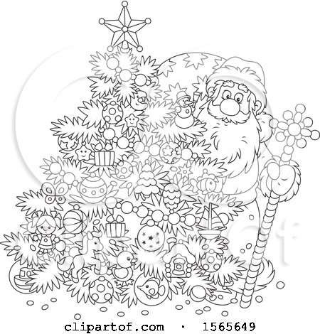 Clipart of a Lineart Christmas Tree and Santa - Royalty Free Vector Illustration by Alex Bannykh