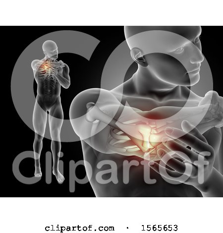 Clipart of a 3d Xray Man Holding His Painful Elbow, on Black - Royalty Free Illustration by KJ Pargeter