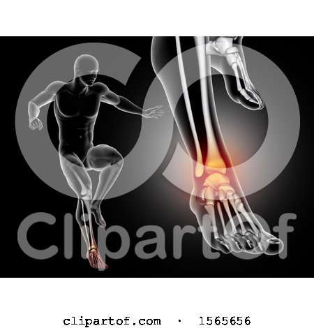 Clipart of a 3d Xray Man Jumping, with Ankle Pain, on Black - Royalty Free Illustration by KJ Pargeter