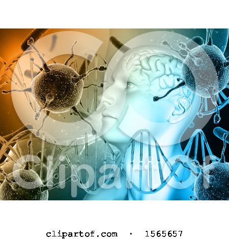 Clipart of a 3d Man with Visible Bran, Viruses and Dna Strands - Royalty Free Illustration by KJ Pargeter