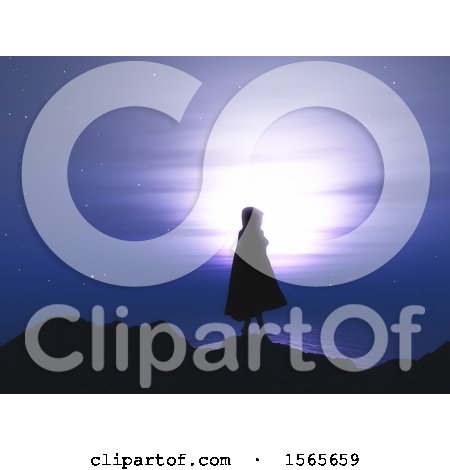 Clipart of a Silhouetted Woman Wearing a Cloak and Standing on a Mountain Against a Night Sky - Royalty Free Illustration by KJ Pargeter