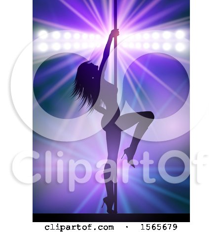 Clipart of a Silhouetted Pole Dancer Woman Under Spotlights on Purple - Royalty Free Vector Illustration by KJ Pargeter