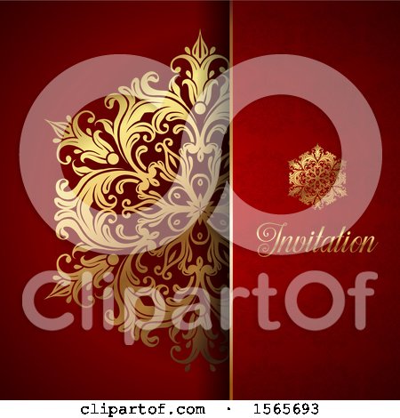 Clipart of a Gold Floral Design on Red with Text - Royalty Free Vector Illustration by KJ Pargeter