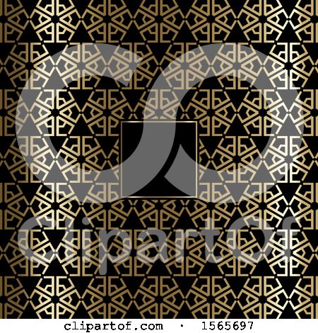 Clipart of a Blank Frame on a Gold and Black Art Deco Styled Pattern - Royalty Free Vector Illustration by KJ Pargeter