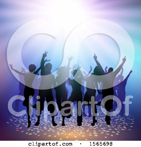 Clipart of a Group of Silhouetted Dancers on Purple - Royalty Free Vector Illustration by KJ Pargeter