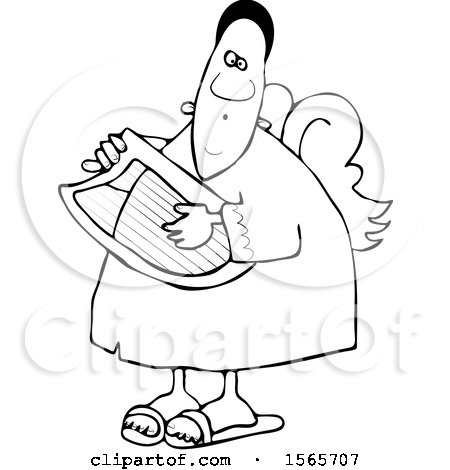 Clipart of a Lineart Black Male Angel Playing a Lyre - Royalty Free Vector Illustration by djart
