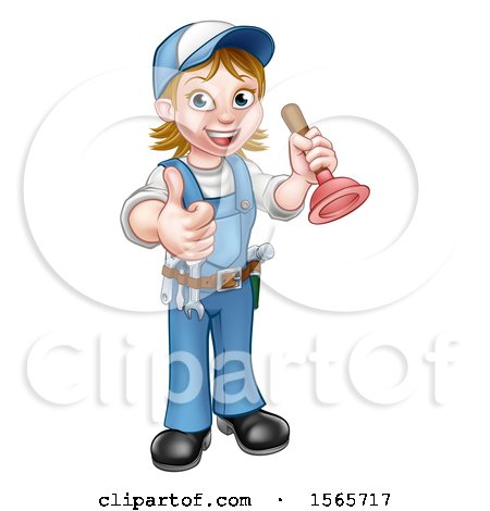 Clipart of a Full Length Female Plumber Giving a Thumb up and Holding a Plunger - Royalty Free Vector Illustration by AtStockIllustration