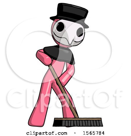 Pink Plague Doctor Man Cleaning Services Janitor Sweeping Floor with Push Broom by Leo Blanchette