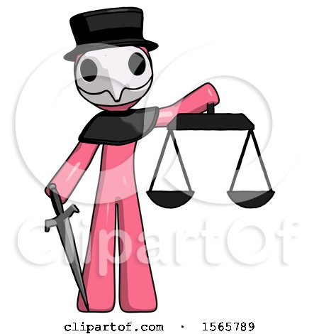 Pink Plague Doctor Man Justice Concept with Scales and Sword, Justicia Derived by Leo Blanchette