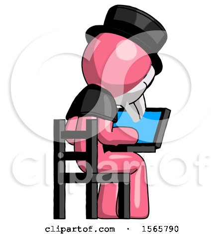 Pink Plague Doctor Man Using Laptop Computer While Sitting in Chair View from Back by Leo Blanchette