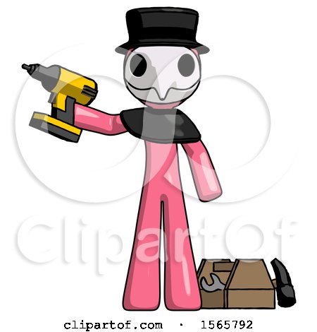 Pink Plague Doctor Man Holding Drill Ready to Work, Toolchest and Tools to Right by Leo Blanchette