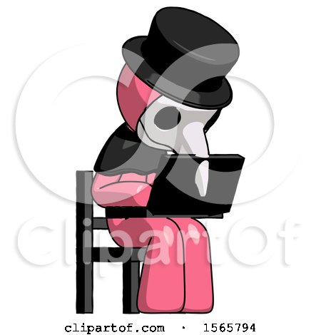 Pink Plague Doctor Man Using Laptop Computer While Sitting in Chair Angled Right by Leo Blanchette