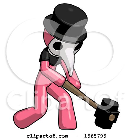 Pink Plague Doctor Man Hitting with Sledgehammer, or Smashing Something at Angle by Leo Blanchette