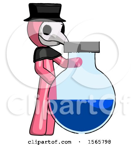 Pink Plague Doctor Man Standing Beside Large Round Flask or Beaker by Leo Blanchette