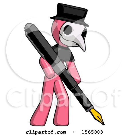 Pink Plague Doctor Man Drawing or Writing with Large Calligraphy Pen by Leo Blanchette
