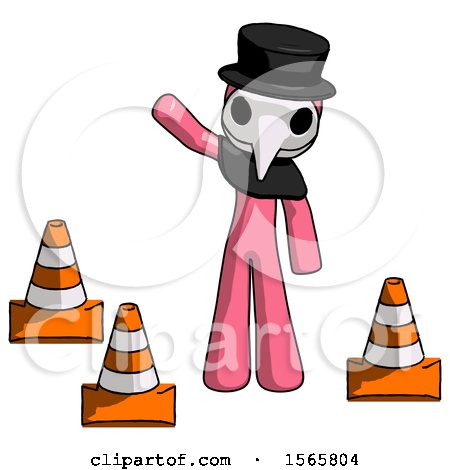 Pink Plague Doctor Man Standing by Traffic Cones Waving by Leo Blanchette