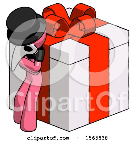 Pink Plague Doctor Man Leaning on Gift with Red Bow Angle View by Leo Blanchette