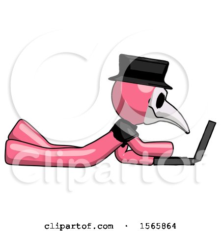Pink Plague Doctor Man Using Laptop Computer While Lying on Floor Side View by Leo Blanchette