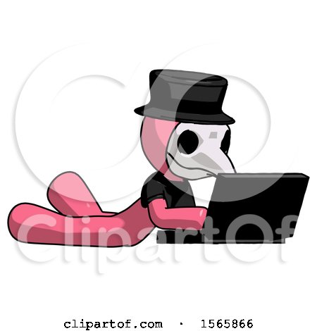 Pink Plague Doctor Man Using Laptop Computer While Lying on Floor Side Angled View by Leo Blanchette