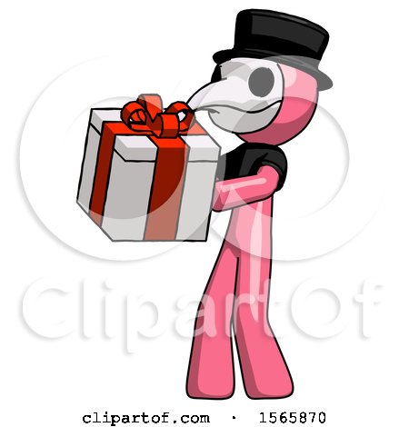 Pink Plague Doctor Man Presenting a Present with Large Red Bow on It by Leo Blanchette