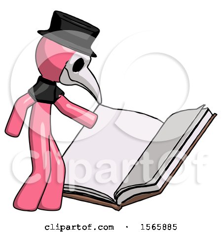 Pink Plague Doctor Man Reading Big Book While Standing Beside It by Leo Blanchette