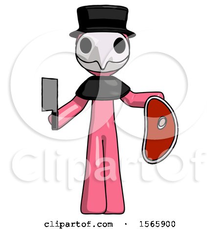 Pink Plague Doctor Man Holding Large Steak with Butcher Knife by Leo Blanchette