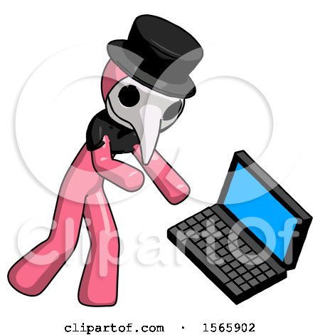 Pink Plague Doctor Man Throwing Laptop Computer in Frustration by Leo Blanchette