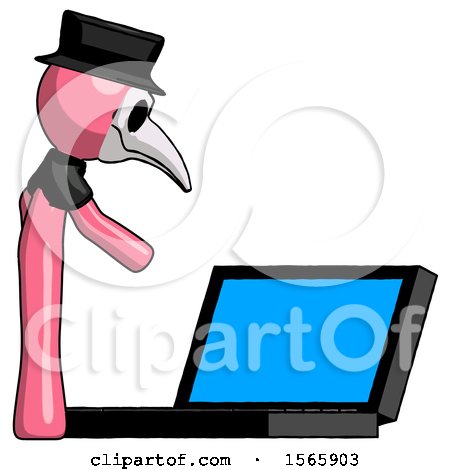 Pink Plague Doctor Man Using Large Laptop Computer Side Orthographic View by Leo Blanchette