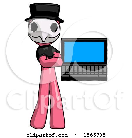 Pink Plague Doctor Man Holding Laptop Computer Presenting Something on Screen by Leo Blanchette