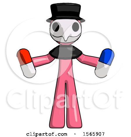 Pink Plague Doctor Man Holding a Red Pill and Blue Pill by Leo Blanchette