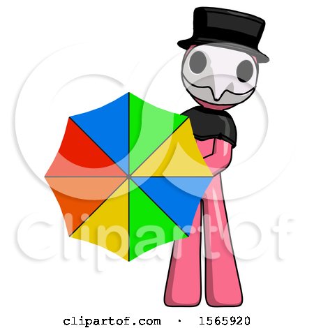 Pink Plague Doctor Man Holding Rainbow Umbrella out to Viewer by Leo Blanchette