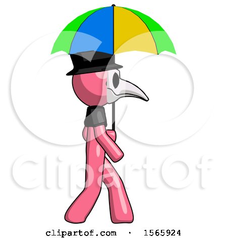 Pink Plague Doctor Man Walking with Colored Umbrella by Leo Blanchette