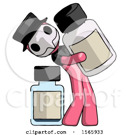 Pink Plague Doctor Man Holding Large White Medicine Bottle with Bottle in Background by Leo Blanchette