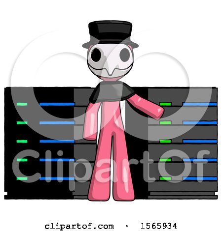 Pink Plague Doctor Man with Server Racks, in Front of Two Networked Systems by Leo Blanchette