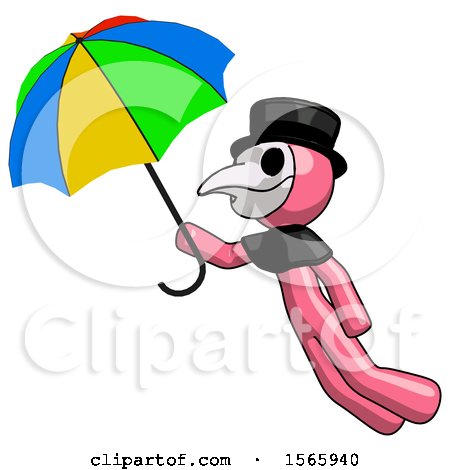 Pink Plague Doctor Man Flying with Rainbow Colored Umbrella by Leo Blanchette