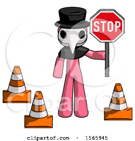 Pink Plague Doctor Man Holding Stop Sign by Traffic Cones Under Construction Concept by Leo Blanchette