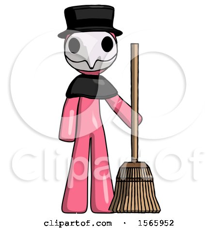 Pink Plague Doctor Man Standing with Broom Cleaning Services by Leo Blanchette