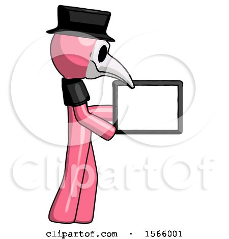 Pink Plague Doctor Man Show Tablet Device Computer to Viewer, Blank Area by Leo Blanchette