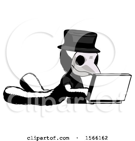 Ink Plague Doctor Man Using Laptop Computer While Lying on Floor Side Angled View by Leo Blanchette